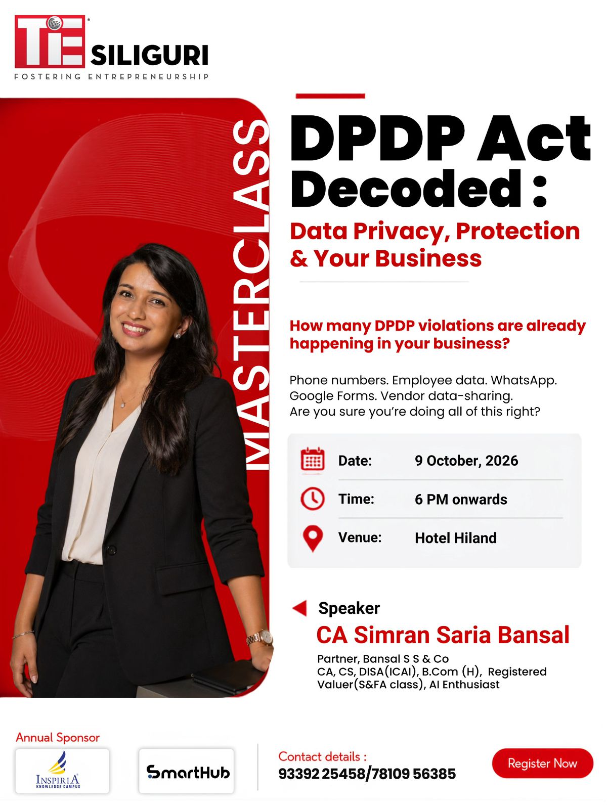 Event creative for the DPDP Act Decoded masterclass with CA Simran Saria Bansal